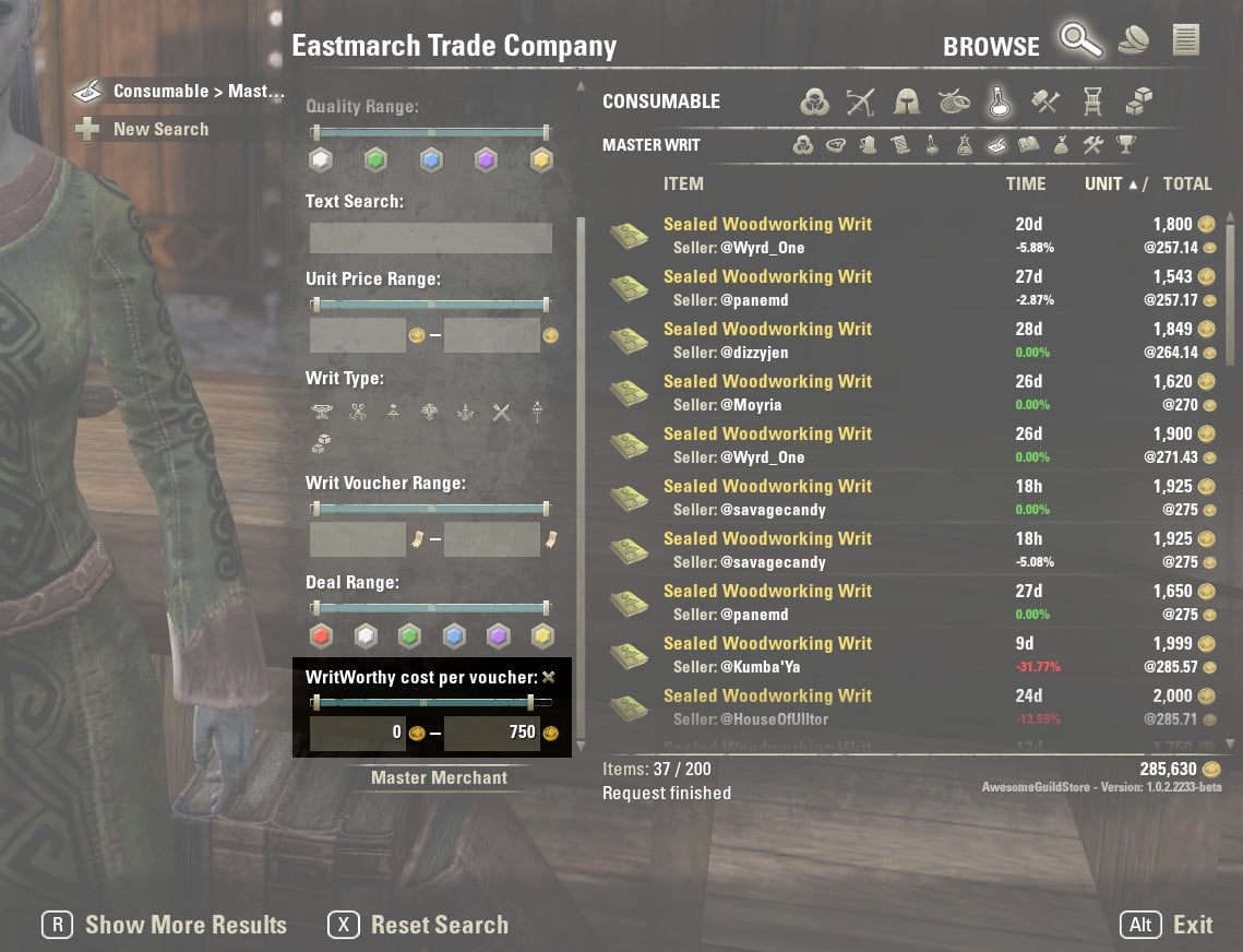 WritWorthy : TradeSkill Mods : Elder Scrolls Online AddOns